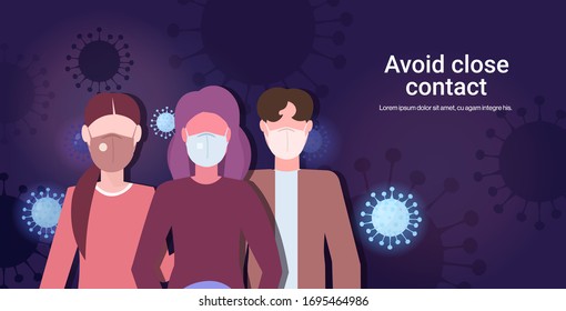 people wearing medical masks avoid close contact coronavirus prevention 2019-nCoV quarantine information guidance to stay healthy portrait copy space vector illustration