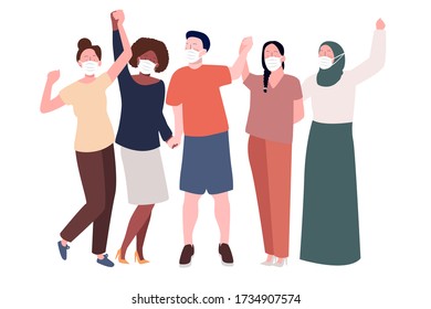 People wearing  medical masks during coronavirus pandemic. People from various ethnic groups holding hands to encourage each other in modern flat illustration