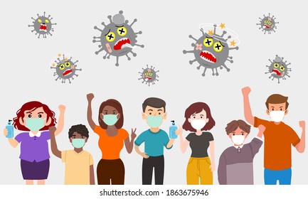 Las personas que usan máscaras médicas llevan gel de alcohol. Luchemos contra el coronavirus. Inhibir la propagación del virus COVID-19. 