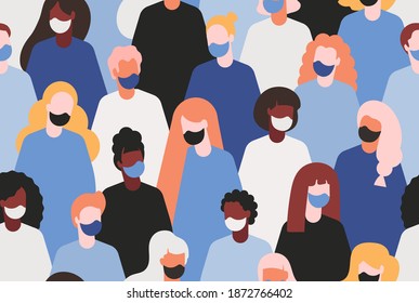 people wearing medical masks pattern.Coronavirus lockdown  background.quarantine concept.Crowd of people.Seamless Pattern With People Of Different Nationalities Wearing Medical Masks.