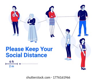 People wearing medical masks and practice social distancing to stop the spread of the epidemic COVID-19. Modern template of vector illustration for banner, card, poster, flyer and other