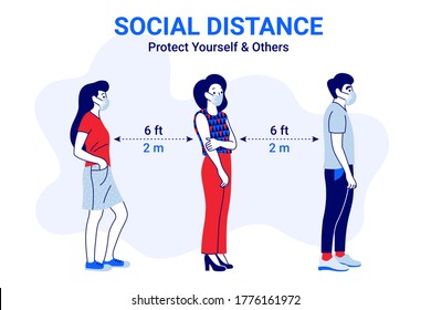 People wearing medical masks and practice social distancing to stop the spread of the epidemic COVID-19. Modern template of vector illustration for banner, card, poster, flyer and other
