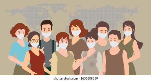 People wearing medical masks to prevent Covid-19.People face in respiratory protective mask and coronavirus cell disease.  Dangerous cases of flu. Medical health risk. vector illustration.