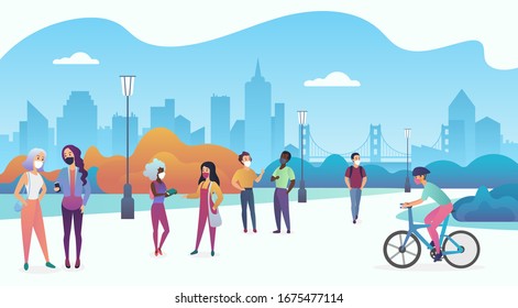 People wearing medical masks to prevent coronavirus 2019-nCoV, COVID-19, SARS-CoV-2 walk in the urban city public park vector illustration.