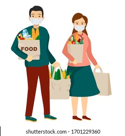 People wearing medical masks to prevent disease, flu, air pollution, contaminated air, world pollution. People in medical masks with grocery bags in their hands. Vector illustration in a flat style