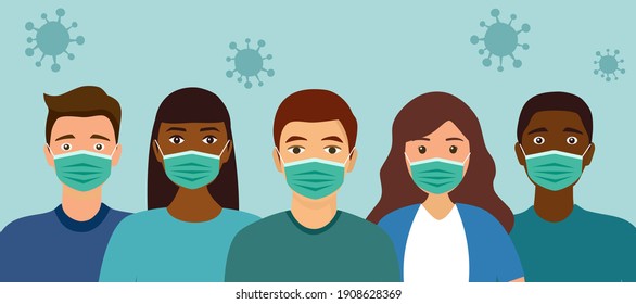 People wearing medical masks to prevent virus and bacteria. Coronavirus Covid-19 outbreak concept vector. People wear masks to avoid flu disease.
