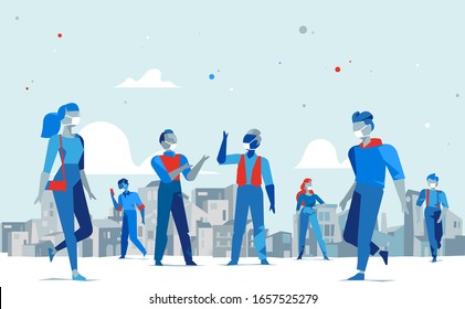 People wearing medical protective face mask against CoV infection in the city. Spreading coronavirus outbreak and pandemic in the world. Concept for quarantine. Vector illustration