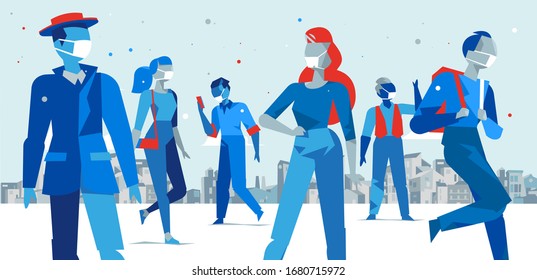 People wearing medical protective face mask against infection or pollution in the city. Spreading coronavirus outbreak and pandemic in the world. Concept for quarantine. Vector illustration