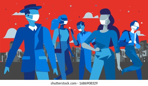 People wearing medical protective face mask against infection or pollution in the city. Concept for quarantine. Vector illustration