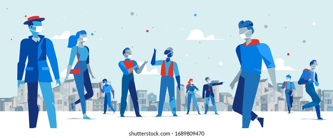 People wearing medical protective face mask against infection or pollution in the city. Spreading pandemic in the world. Concept for quarantine. Vector illustration