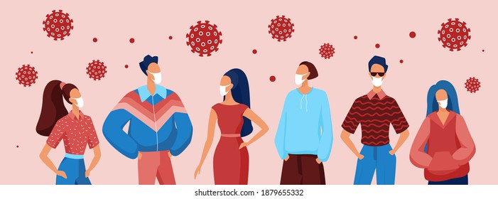 People wearing medical respiratory masks to prevent covid19 concept vector illustration. Cartoon crowd masked man woman characters protecting from viral infection, coronavirus protection background