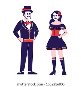 People wearing Mexican day of dead costumes flat vector illustrations set. Dia de los Muertos celebration outfits. Cartoon characters with outline elements isolated on white background. Sugar scull