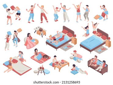 People wearing pajamas dancing eating cakes pillow fight at sleepover isometric set isolated on white background 3d vector illustration