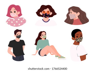 People wearing patterned face mask vector illustration. Male and Female wear various patterns fabric face masks. New normal, stylish and fashionable concept
