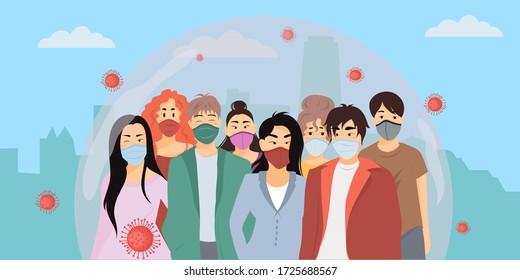 People wearing protection medical face mask to protect and prevent virus, disease, flu. Group of young man and woman are protected among coronavirus cell in city skyline. Vector illustration.