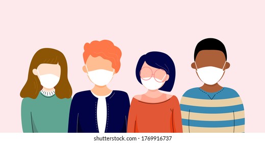 People wearing protection medical face mask to protect and help slow spread of Covid19 or Coronavirus. To prevent virus, disease, flu, air pollution, contamination. Vector illustration