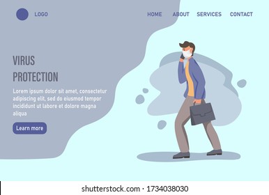 People wearing protection from urban air pollution, smog, vapor. Coronavirus quarantine, respiratory virus concept. Protective face dust masks.  Website homepage landing web page template.