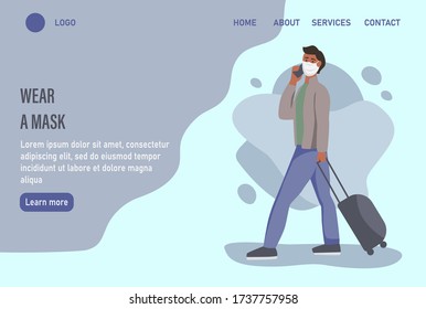 People wearing protection from urban air pollution, smog, vapor. Coronavirus quarantine, respiratory virus concept. Protective face dust masks.  Website homepage landing web page template.