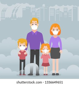 People wearing protective face masks Character Medical Health care concept, factory pipes emitting smoke on background. Fine dust, PM 2.5, air pollution, industrial smog, pollutant gas emission.