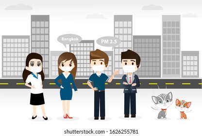 People wearing protective face masks, Everyone in Masks because of fine dust PM 2.5, Fine dust, air pollution, industrial smog protection concept flat style design. vector cartoon character, In city.