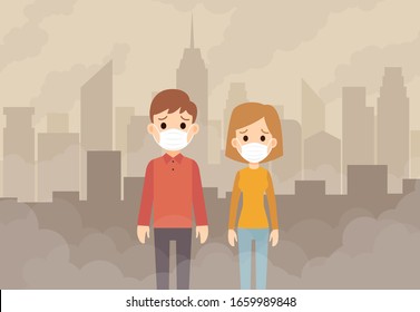 People wearing protective face masks from contaminated air and smoke in city background.
