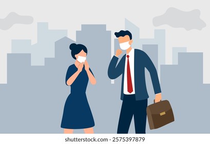 People wearing protective face masks walking on street against fine dust, air pollution, industrial smog, pollutant gas emission on background vector illustration.