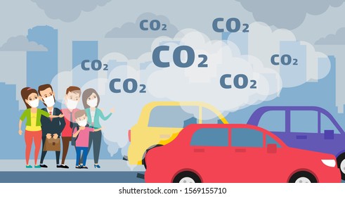 people wearing protective mask cars emits co2 air pollution ecology concept
