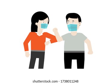 People wearing protective mask greeting by using elbow bump not shaking hand in coronavirus pandemic outbreak. Hand contact increasing risk of infection.