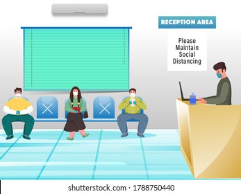 People Wearing Protective Mask Sit On Chair With Maintain Social Distancing in Front Of Reception Area. Avoid Coronavirus.
