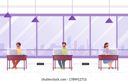 People Wearing Protective Mask With Using Laptop At Separate Plexiglass Table For Avoid Coronavirus (Covid-19). Can Be Used As Banner Design.
