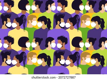 People wearing protective masks support each other during the coronavirus pandemic. Seamless background of stylish women and men of different nationalities and religions in flat design. Vector.