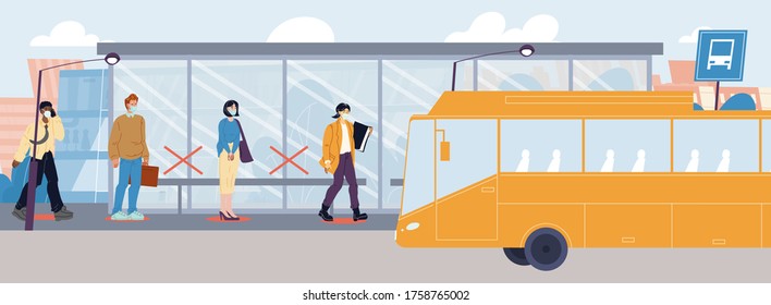 People wearing protective medical face mask keeping social distancing at bus station. Man woman passenger standing separately maintain safe distance for health. New normal after coronavirus outbreak