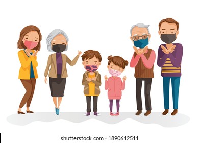 people wearing protective Medical mask.  Prevent corona virus Covid-19. Grandfather, grandmother, dad, mom, daughter, and son wearing a surgical mask.