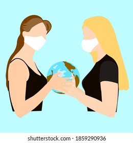 People wearing protective medical masks during the coronavirus protect the planet with their hands. People in medical masks. Coronavirus. Covid-19. Vector illustration.