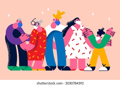 People Wearing protective medical masks covid-19 concept. Group of young and old people standing wearing protective medical masks during coronavirus epidemic times vector illustration 