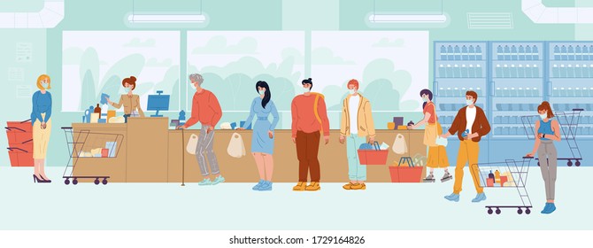 People wearing protective respiratory medical mask queue at supermarket cash desk. Daily routine, everyday activity. Cashier get payment, family hold purchase. Shopping time. Coronavirus outbreak