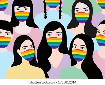 People wearing rainbow face mask to protect COVID-19 disease vector illustration. LGBT transgender rainbow concept and new concept after covid-19 pandemic. LGBT pride month