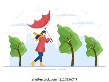 People Wearing Raincoat, Rubber Boots and Carrying Umbrella In the Middle of Rain Showers Storm. Flat Background Cartoon Vector Illustration for Banner or Poster