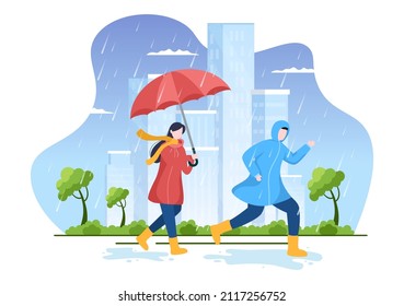 People Wearing Raincoat, Rubber Boots and Carrying Umbrella In the Middle of Rain Showers Storm. Flat Background Cartoon Vector Illustration for Banner or Poster