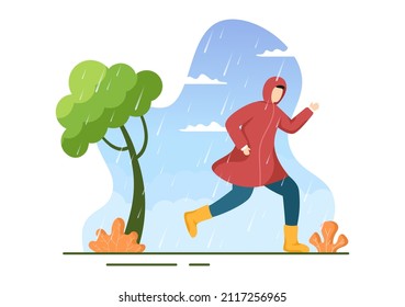 People Wearing Raincoat, Rubber Boots and Carrying Umbrella In the Middle of Rain Showers Storm. Flat Background Cartoon Vector Illustration for Banner or Poster