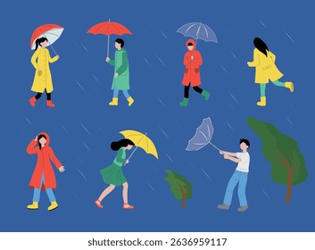 People wearing raincoats and umbrellas during the rainy season clip art set vector illustration