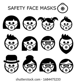 People wearing safety face masks vector icons set - adults, children, seniors, masks worn to prevent disease, virus, air pollution, contaminated air. Man, woman, kids with protection masks 