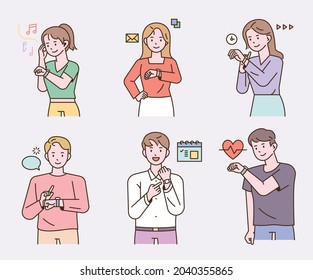 People wearing smart watches and using different apps. flat design style vector illustration.