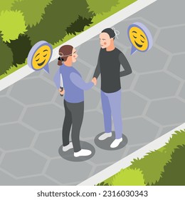 People wearing social masks expressing fake positive emotions greeting each other with knives behind their backs isometric concept vector illustration