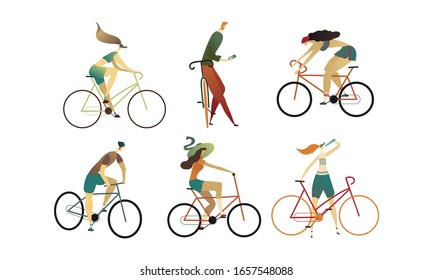 People Wearing Sportive Wear Riding Bikes Vector Set