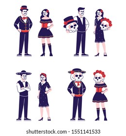 People wearing sugar scull face and costumes flat vector illustrations set. Mexican day of dead celebration outfits. Masquerade cartoon characters with outline elements isolated on white background