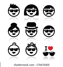 People wearing sunglasses, holidays icons set 