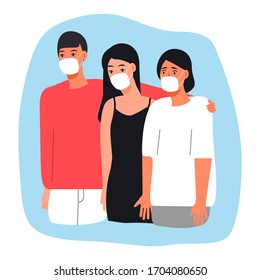 People are wearing surgical mask. Friends or family support each other and ask to put medical mask to prevent of virus spreading.