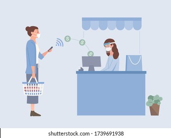 Menschen, die eine chirurgische Maske tragen und einen Warenkorb mit Mobile Payment halten, um Geld online zu bezahlen, um Geld an die Kasse eines Einkaufszentrums zu schicken. Die neue Normalität.