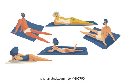 People Wearing Swimsuits Lying on the Beach and Sunbathing Vector Set